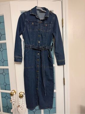 New York & Company Dark Blue Denim Button-Front Jacket Dress